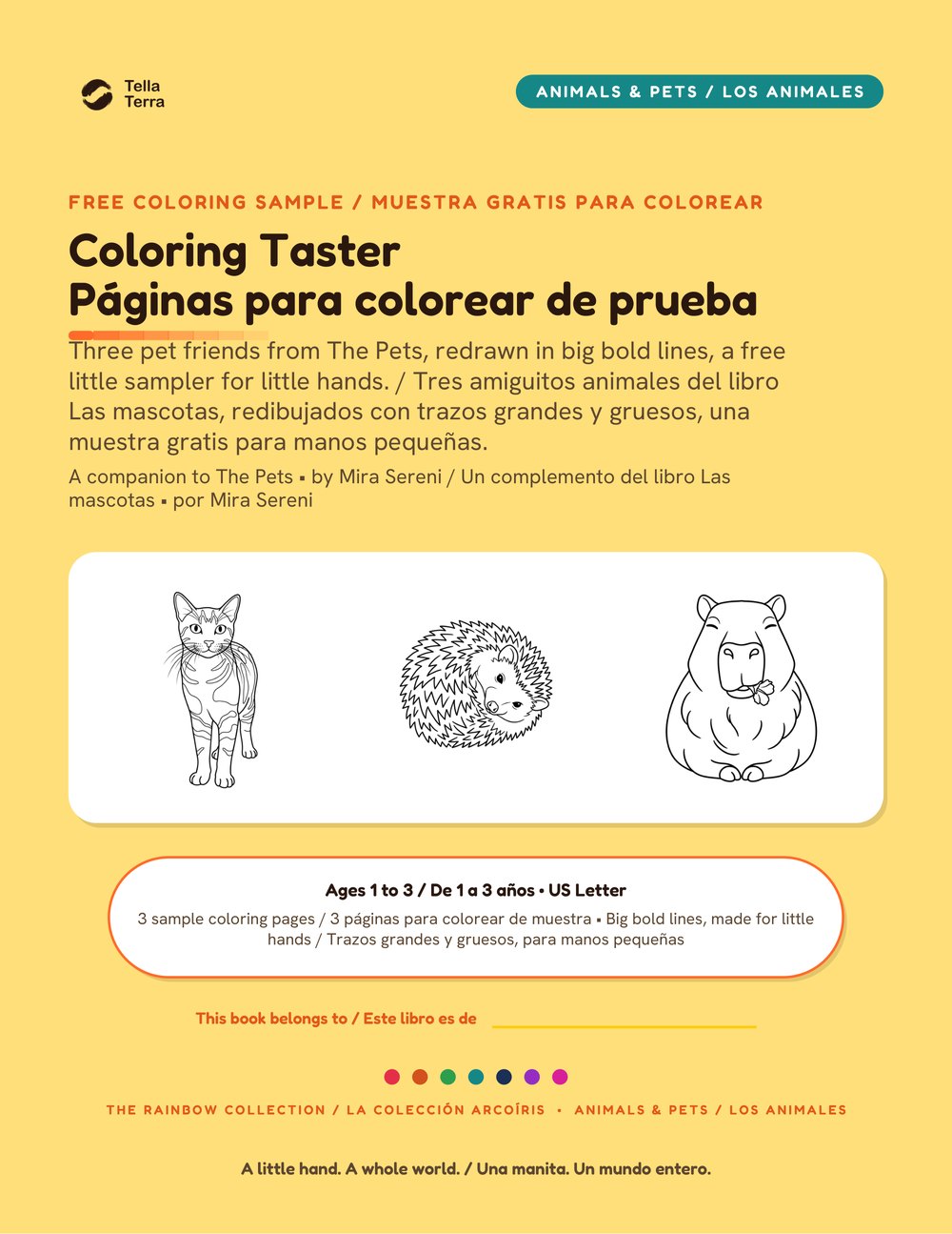 Portada de las tres páginas para colorear gratis Tella Terra: Las mascotas, edición bilingüe inglés español